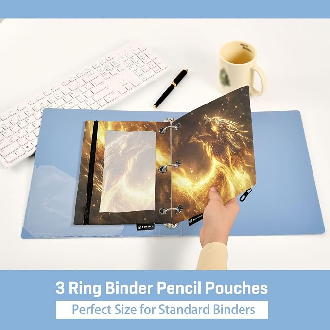 Dragon Golden Light Binder Pouches 3 Ring for Boys Girls School Office College Supplies Dinosaur Monster Dino Pencil Pouches Case Bag with Clear Window and Zipper 2 Pack