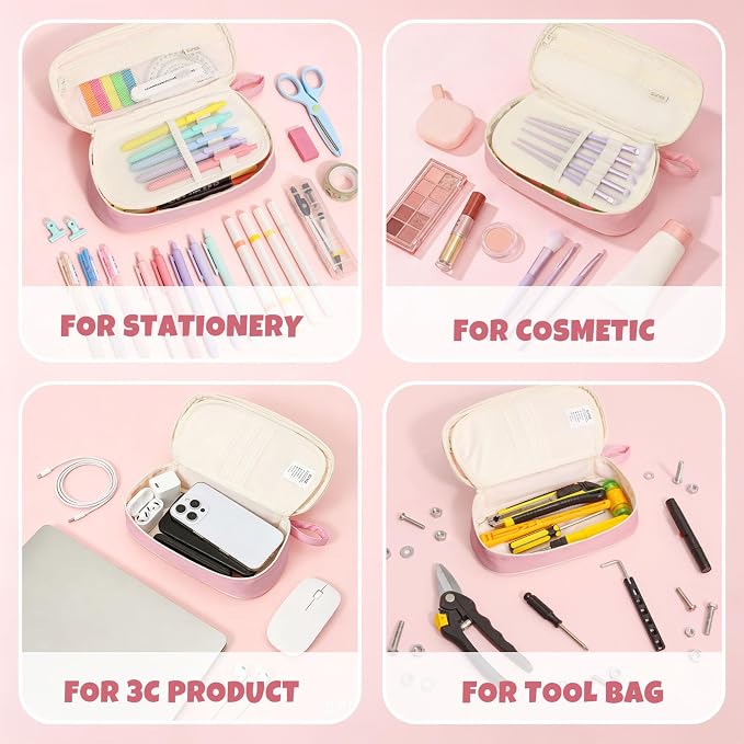 SUNEE Cute Pencil Case, Kawaii Big Capacity Pencil Pouch, Personalized Initial Pencil Bag with Zipper, Stationery Storage and Organizer, Back to School Supplies, Pen Box for Girls & Boys, Teen, M-Pink