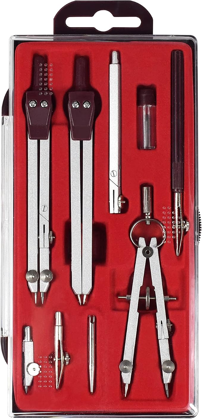 UNJOO 9Pc Geometry Set Metal Compass, Geometry Precision Tool (Red) | Circle Drawing Tool and Architecture, Drafting Kits for Engineer with Shatterproof Storage Box