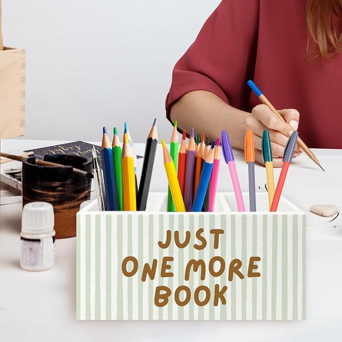 Book Lover Gifts Pen Pencil Holder Organizer for Desk, Just One More Book Bookish Wooden Box Signs Decorations for Reading Room Library Desk Tabletop, Bookworm Bookish Reader Gifts