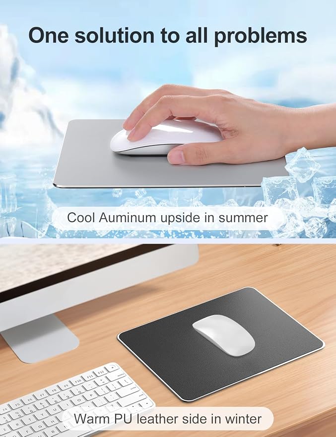 Vaydeer Hard Metal Aluminum Mouse Pad Clear Modern Smooth Magic Ultra Thin Double Side Design Mouse Mat Waterproof Fast and Accurate Control Compatible for Gaming and Office, Silver, 11.81X9.45 Inch