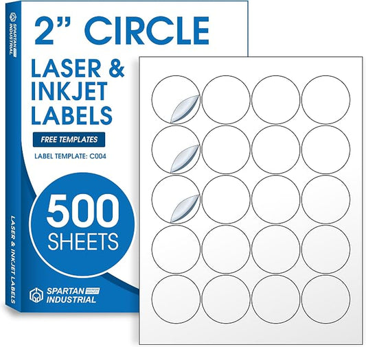 2" Printable Round Labels for Laser and Inkjet Printers - 10000 Blank Labels, 500 Sheets for Thank You Stickers, Price Tags, QR Codes, Business Logos - Spartan Industrial Template C004