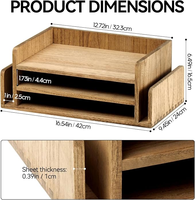 KIRIGEN Wood Desk Organizer, 5-Tray Letter Tray and Mail Sorter, Brown 2TP | Solid Wood 3-Tier Desktop Organizer with 5 Storage Areas for Mail, Folders, Letter Paper and Office Supplies, Fully Assembled