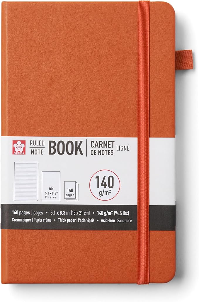 Sakura Notebook Ruled A5 - Japanese-Inspired Lined Notebook for Effortless Writing - 140 GSM Paper - Hardcover - Built-in Pen Holder - Expandable Inner Pocket - Flat-Lay - 5.1 x 8.3" - Amber