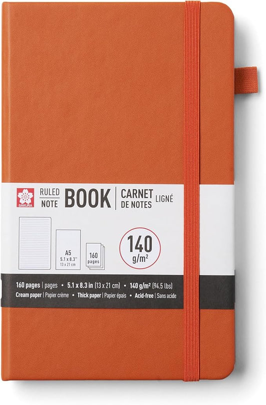 Sakura Notebook Ruled A5 - Japanese-Inspired Lined Notebook for Effortless Writing - 140 GSM Paper - Hardcover - Built-in Pen Holder - Expandable Inner Pocket - Flat-Lay - 5.1 x 8.3" - Amber