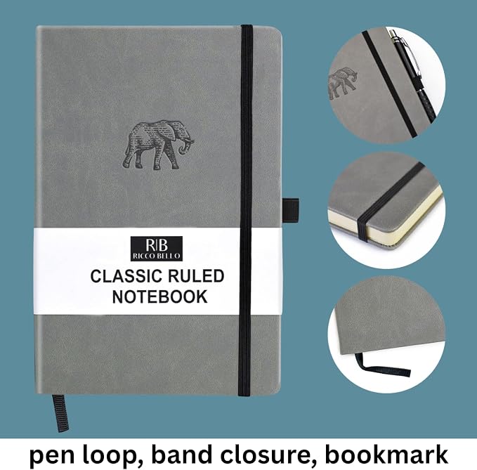 RICCO BELLO Lined Journal Notebook, Faux Leather Hardcover, Elephant | With Pen Holder, College Ruled, 96 Sheets / 192 Pages, 5.7 x 8.4 Inches, For Work & Notes