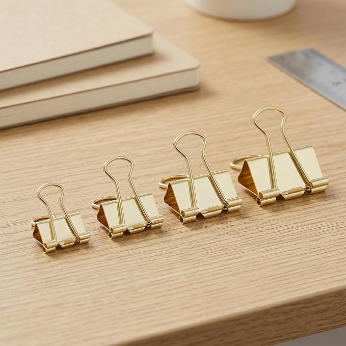 Gold Binder Clips, Assorted Sizes, 100 Pack | Solid Metal, Stainless Steel Handle, Office School Supplies