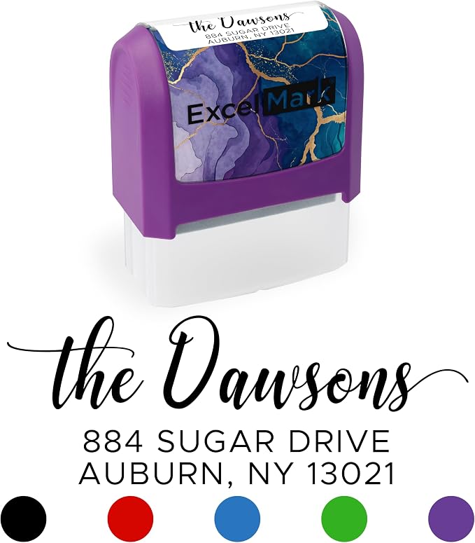 ExcelMark Custom Return Address Stamp (Purple, Signature Script) | Custom Return Address Stamp with Elegant Designs, Vibrant Colors & Patterns – Perfect for Mail, Invitations & Gifts