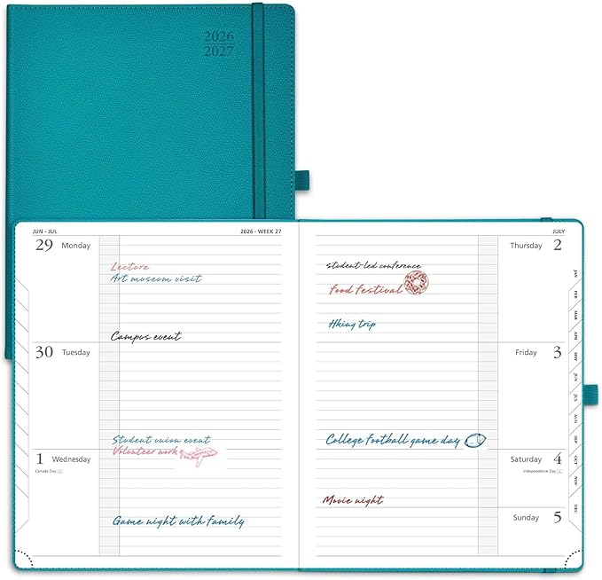POPRUN Planner 2026-2027 (Large 8.5"x10.5"), Academic Year Weekly Planner | Calendar Book Jul.2026 - Jun.2027, Appointment Book with Monthly Tabs, Leather Hardcover, Inner Pocket, 100GSM -Pacific Green