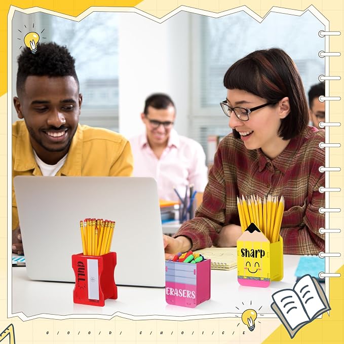 AmazingSpark 3 Pcs Pencil Shaped Holder Sharp and Eraser and Dull Holder Wooden Dispenser Pencil Storage Organizer for Back to School Management Organization (Bright,Erasers)