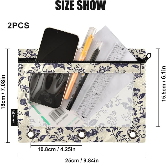 Goth Bat Pencil Pouches for 3 Ring Binder 2 Pack | Binder Pencil Case With Zipper Reinforced GrommetsPencil Bags for Office Organizers