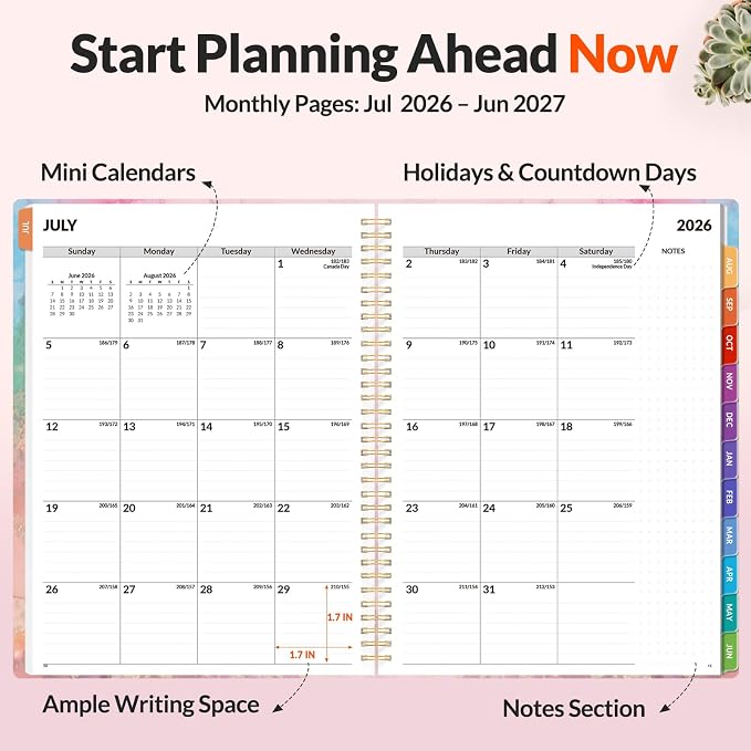 SUNEE Academic Planner 2026-2027 – Weekly & Monthly Planner, July 2026 to June 2027, 8.5"x11", Thick Paper, Tabs, Pockets, Bookmark, Spiral-Bound, Student Teacher Organizer, Marble
