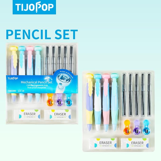 Dust Proof 2.0mm Mechanical Pencil for Kids with Ergonomic Grip 4Pack | Mechanical Pencils with 2 Erasers、25 Refills & 3 Sharpeners，Mechanical Pencils Bulk for School or Office Supplies
