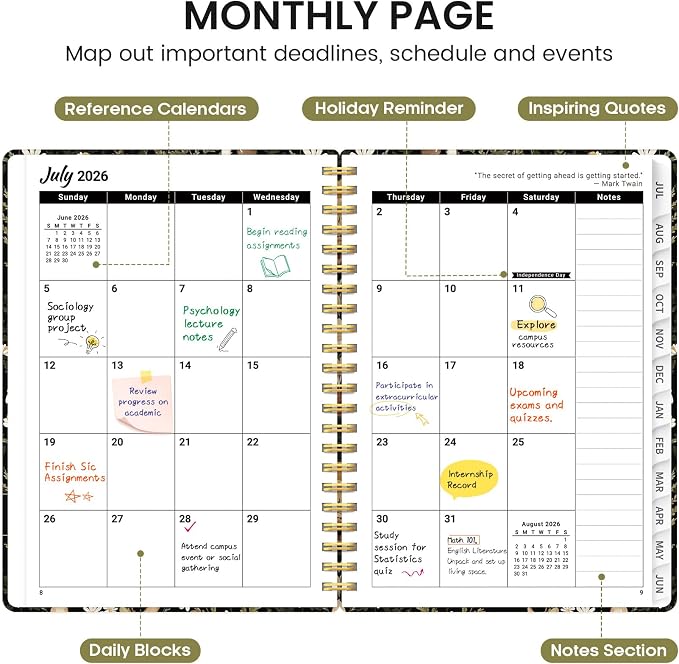 Planner 2026-2027, Academic Monthly and Weekly Calendar Planner for Women, July 2026 - June 2027, Hardcover Pretty Agenda Planner Book with Tabs, Spiral Daily Organizer for School Office Home Supplies, 6.3" x 8.5" - Mushroom