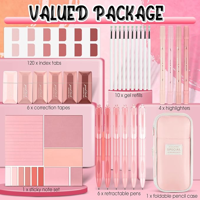38 Pcs Aesthetic Office Supplies with Pen Case Sticky Notes Gel Pens Highlighters Correction Tapes Stationery Kit for Office Work Coworkers(Pink Color,Classic)