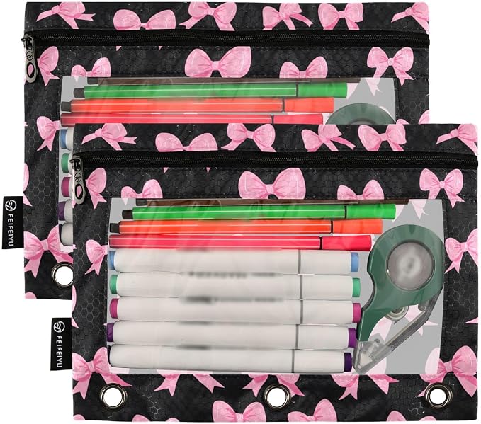 Pink Bow Black Pencil Pouch for 3 Ring Binder 2 Pack Zipper Binder Pencil Bag Case with Clear Window Office Supplies