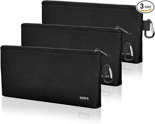 3 Pack Premium Tool Pouches Zipper Bag, Small Tools Bags with Carabiner, Heavy Duty Flat Bottom Utility Multipurpose Storage Organizer Bag for Tool, Stationary, Pencil