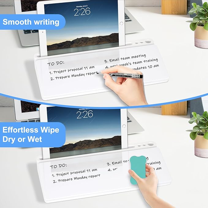 Desktop Glass Whiteboard with Storage, Desk Dry Erase White Board Stand | Computer Keyboard Stand, Office Desk Organizers and Accessories with Drawer, To Do Memo Notepad, Home School Supplies