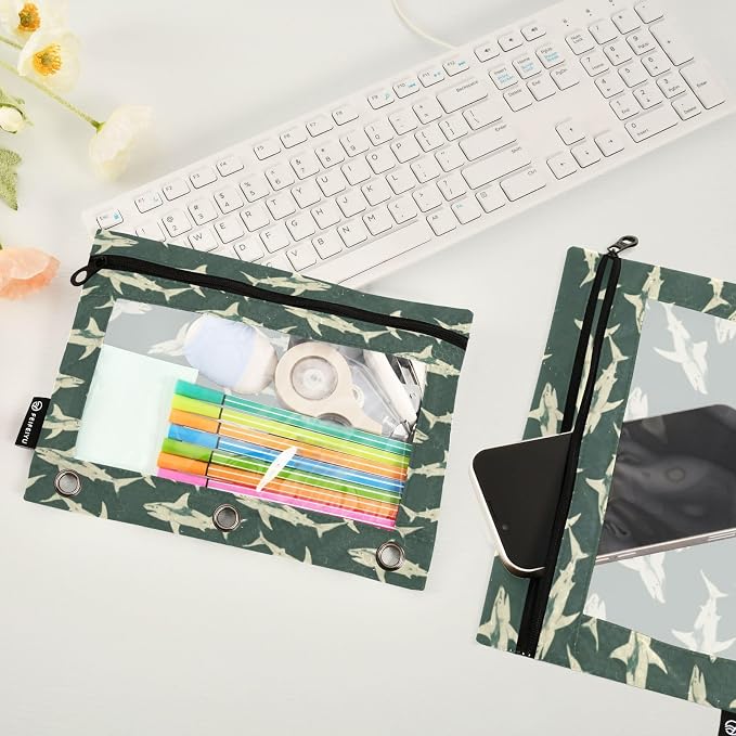 Binder Pencil Pouches, Sharks White Silhouette Pattern Pencil Case with Clear Window 3 Rings Pen Case Holder School Office Supplies Cosmetic Makeup Bag