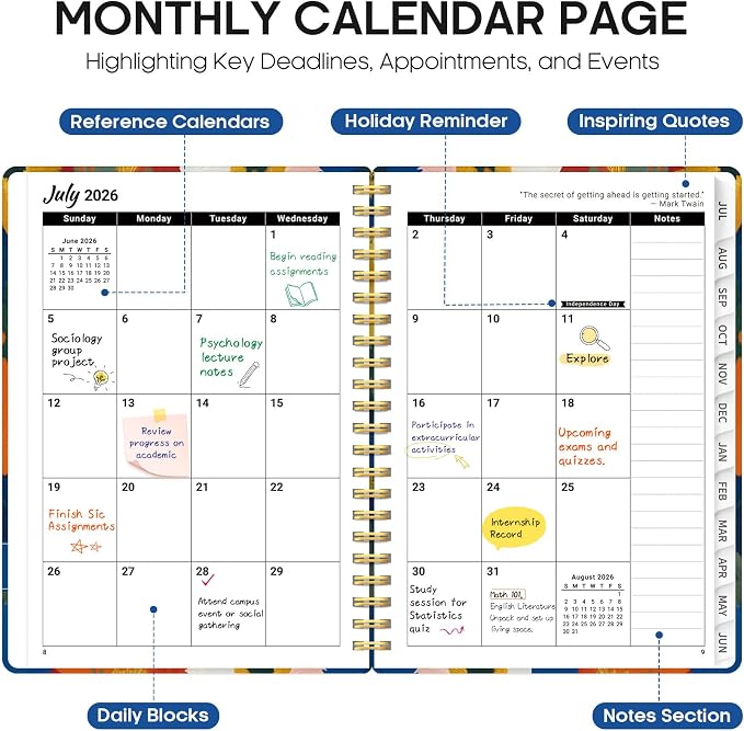 Planner 2026-2027, Academic Year Monthly and Weekly Calendar Planner, Jul 2026 - Jun 2027, Hardcover Teacher Student Planning Agenda book with Tabs, Perfect for School Office Supplies, 6.3" x 8.5" - Vivid Petals