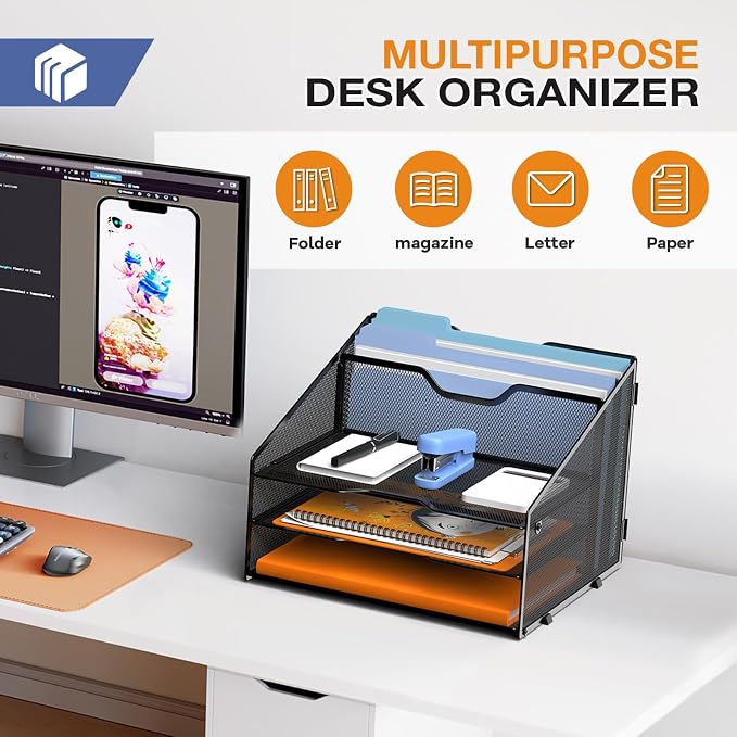 GAWERK Letter Tray Organizer, Mesh Desk File Organizer with 3 Paper Trays and 2 Vertical Upright Section (Silver)