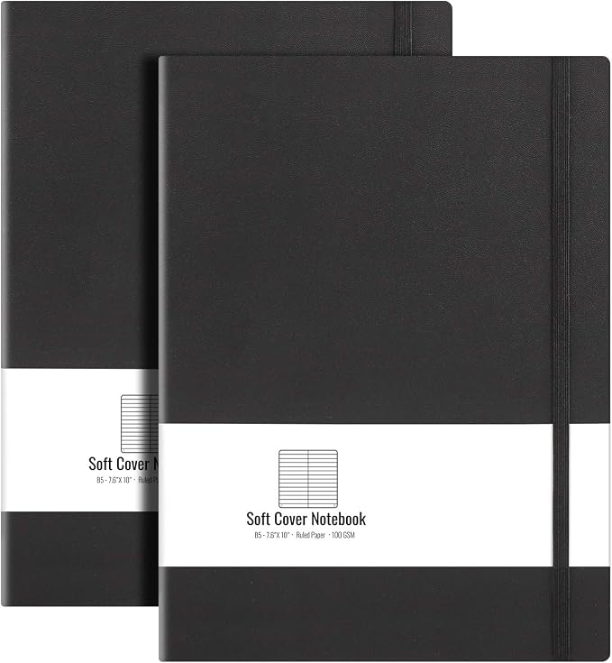 AHGXG B5 College Ruled Notebook Softcover Journals(2-Pack) Large Composition Notebook 7.6 x 10 inch with Thick 100gsm Lined Paper, Total 408 Numbered Pages, Black Black | 2 Pack, for Men & Women, Journaling, Writing, Work & Office, Leather Hardcove (Bl...