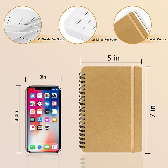 4 PCS Spiral Notebook, Spiral Journal Notebook, Notebooks for Work, Note Taking, School, Small Notebooks with Strap, Cute Notebooks for Women (Khaki)