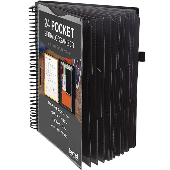 Samsill Spiral Folder Organizer - 12 Dividers & 24 Pockets with Notepad Holder, Multi Pocket Color Cordinated Folder Binder with Customizable Tabs, Document Organizer (Grey)