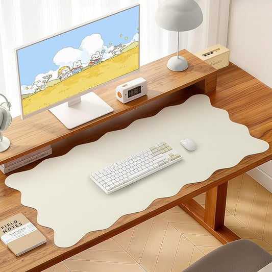 PU Leather Desk Pad, Scalloped Non-Slip Mouse Pad & Large Desk Mat Cover Stitched Edges Writing Pad for Office, Home - Waterproof, Easy to Clean, Durable Surface I 31.4"x15.7", Off-White