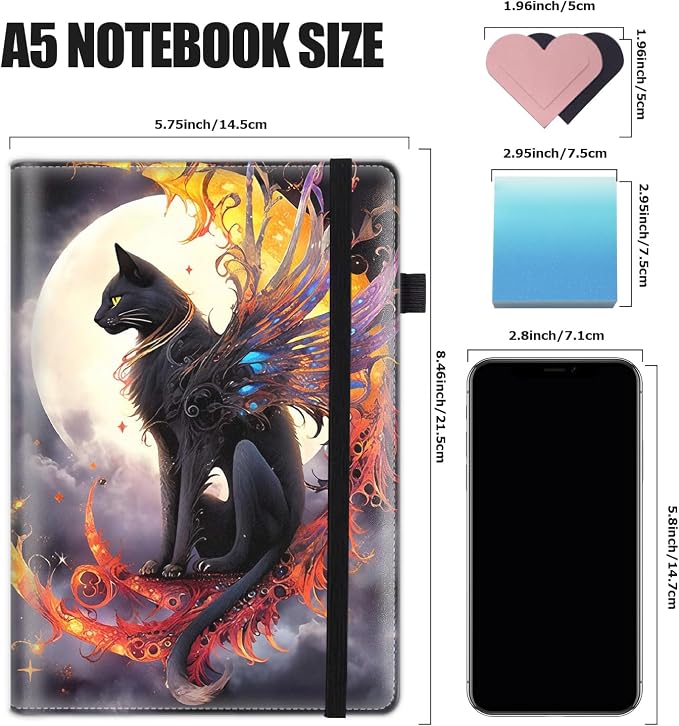 Hardcover Executive Notebooks, A5 PU Leather Lined Journal Notebook, 200 Pages Thick Paper Subject Notebooks for School,Work,Home Writing Business Notebook, Diary Book ， Moon Cat