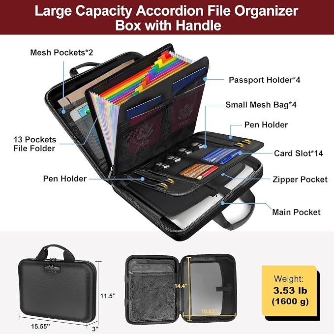 Fireproof Document Organizer with Lock, Hard-Shell Fireproof Document Box with 13 Pocket Accordion File Folder, Portable File Organizer Office Home Travel Safe Storage for Important Documents Laptop