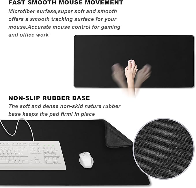 46.9" x 23.5" Waterproof Fabric Desk Pad, Rubber Anti-Slip Base, Stitched Edges No Curling, Fits Laptop Keyboard and Mouse, Smooth Office Mat Large Mouse Pad for Work Game, Black