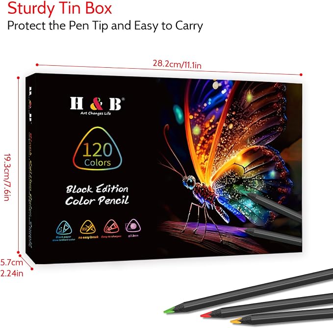 H & B 120-Color Colored Pencils Set with Metallic Colors – Soft Core, Pre-Sharpened Shading & Blending Pencils for Adults, Artists & Beginners, Packed in a Gift Metal Iron Box