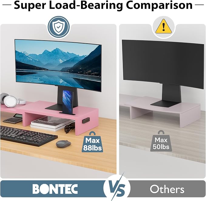 BONTEC Dual Monitor Stand Riser with Smartphone Holder, Adjustable Length & Swivel Angle, Ergonomic Wooden Desktop Organizer for PC Monitor, Laptop, Printer, Large Storage, 42.5 in, Pink