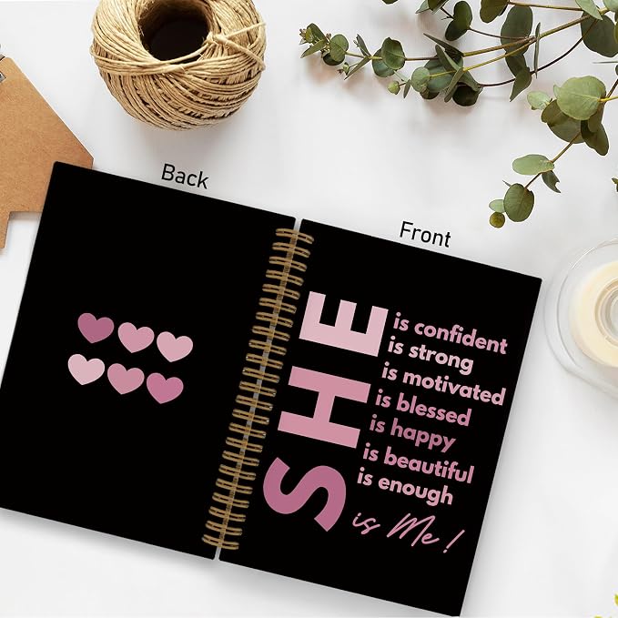 She Is Me Inspirational Spiral Notebook, Self Care Journal Notebook, Black Pink Self Love Notebooks for School Work, Positive Affirmations Office Supplies Gifts for Women Girls, 5.5x8.3 Inch