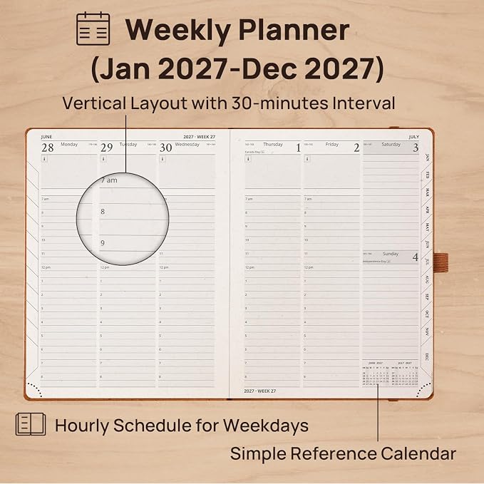 POPRUN 2027 Planner Weekly and Monthly, 6.5" x 8.75" Recycled Paper Calendar, Jan 2027- Dec 2027 Agenda, Daily Appointment Book with Hourly Time Slots, Monthly Tabs, Hardcover, 100 GSM - Black Grey