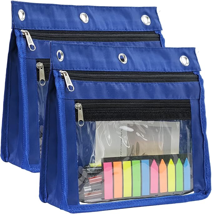YoeeJob 2 Pack 1 Inch Expandable Zipper Pencil Pouches with Clear Window for 3 Ring Binder, Suitable for School & Office （Blue）