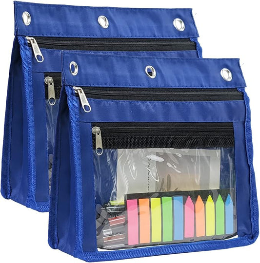 YoeeJob 2 Pack 1 Inch Expandable Zipper Pencil Pouches with Clear Window for 3 Ring Binder, Suitable for School & Office （Blue）