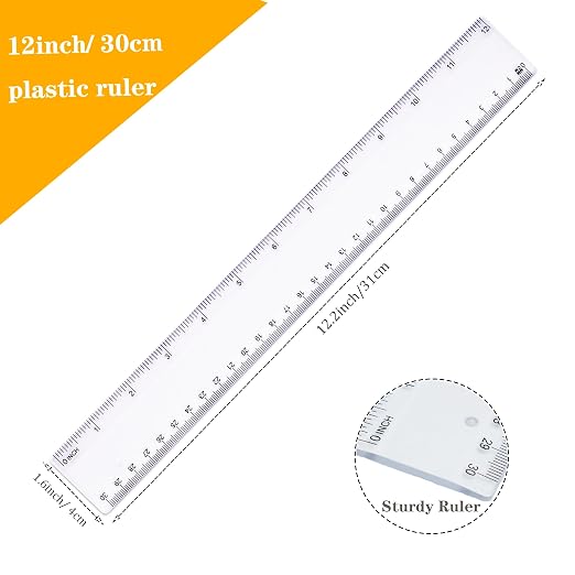 Clear Plastic Ruler, 12 inch Straight Ruler, Transparent Measuring Tools with Inches and Centimeters for School, Home and Office Supplies (2 Pack)