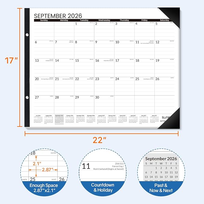 SUNEE Desk Calendar 2026 Large 22x17 from July 2026 to December 2027, Extra Large Desktop Monthly Calendar Pad 18 Months For Teacher or Office, Desk Top, Black Minimalism