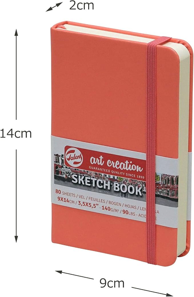 Talens Art Creation Sketchbook, Coral Red, 80 Sheets, 3.5 x 5.5 in | Hard-Bound Pocket Notebook, 140 GSM/94 lbs Paper, Acid-Free Cream Blank Paper, Ribbon Bookmark, and Elastic Closure