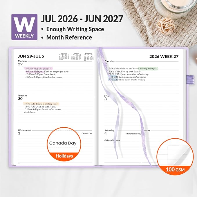 SUNEE 2026-2027 Weekly & Monthly Hardcover Planner 5.5" x 8.3" - 12 Month (July 2026 - June 2027), Small Academic Year Calendar Planner, Pocket, Notes, 100 GSM Paper, Purple