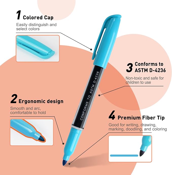 TOWON Permanent Markers 72 Assorted Colors - Waterproof Colored Pens Set 45 Fine Tip, 8 Ultra Fine, 8 Chisel Tip, 6 Neon, 5 Metallic Markers Home Office Store Supplies for Adults Coloring