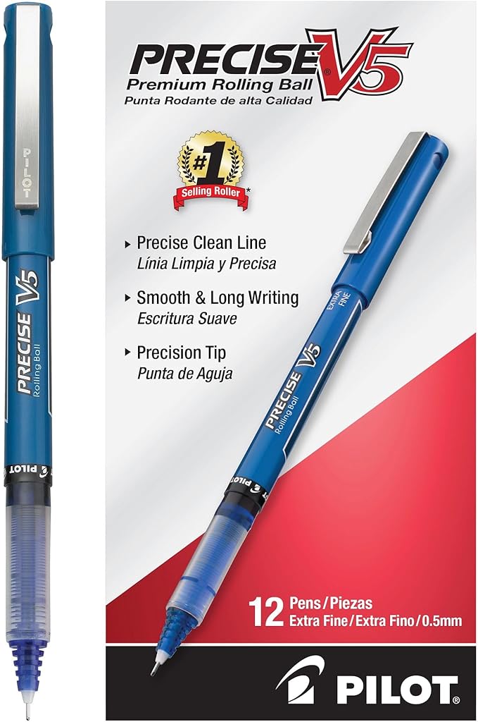Pilot Precise V5, Extra Fine Point 0.5 mm Blue Pens, Blue, Pack of 12 | rollerball pen for smooth writing, perfect for notes and journaling, smudge resistant rolling ball pen
