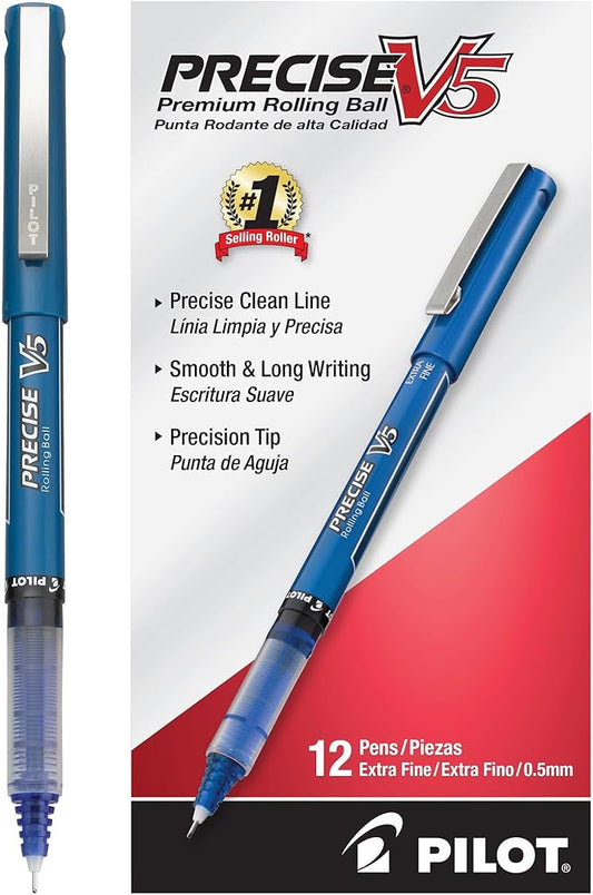 Pilot Precise V5, Extra Fine Point 0.5 mm Blue Pens, Blue, Pack of 12 | rollerball pen for smooth writing, perfect for notes and journaling, smudge resistant rolling ball pen