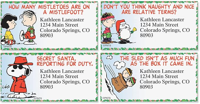 Colorful Images Christmas Capers Peanuts Return Address Mailing Labels, Personalize with Name & Shipping Address, Set of 144 Self Adhesive, Easy Peel Flat Sticker Label Sheets, Large, 8 Designs