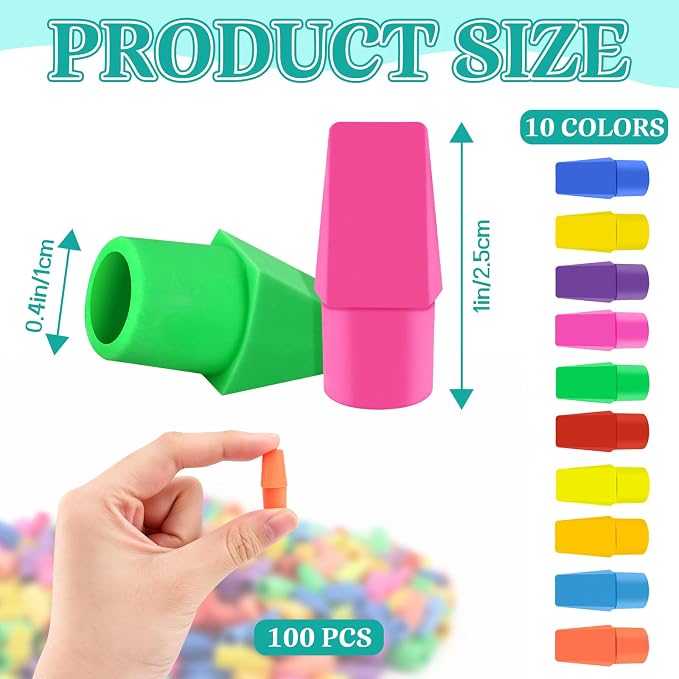 PRALB Erasers for Pencils, 100 Pack, Pencil Top Erasers, Vivid Colors | Cap Tops, Topper Erasers，Chisel-shaped caps, Classroom Rewards, Teacher Supplies, Party Favors, School Prize Box