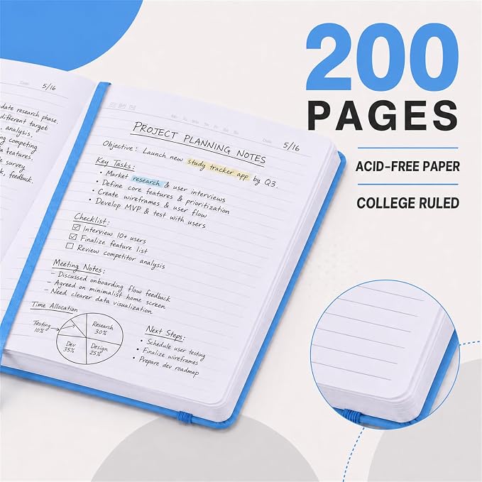 SUIN Hardcover-Journal-Notebooks, A5 Lined Journals Notebook for Writing 200 Pages, 8.2 x 5.5 inch, Classic Ruled Notebooks for Work/Travel/College (Light Blue - 6 Pack)