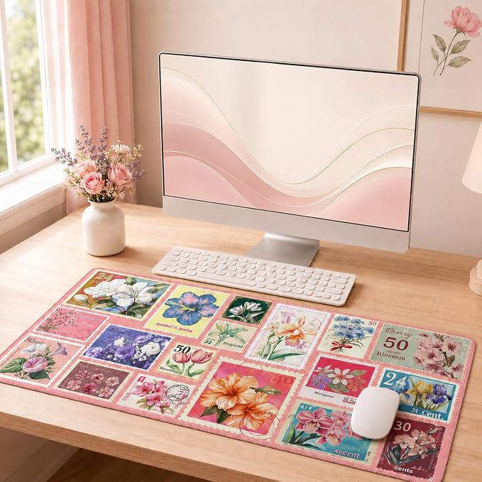 iCasso Pink Floral Desk Pad Mat, XXL Large Mouse Pad, Anti-Slip Retro Mousepad with Stitched Edges, Computer Keyboard Mat for Desktop Decor, Aesthetic Office Desk Accessories for Women(Pastel Pink)