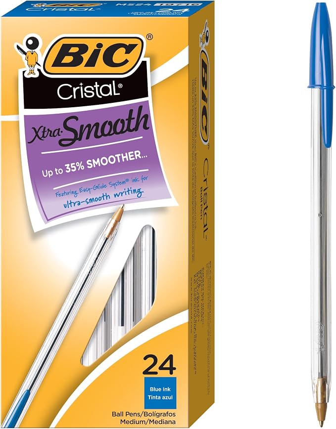 BIC Cristal Xtra Smooth Blue Ballpoint Pens, Medium Point (1.0 mm), School Supplies for Students and Teachers, 24-Count Pack in Blue